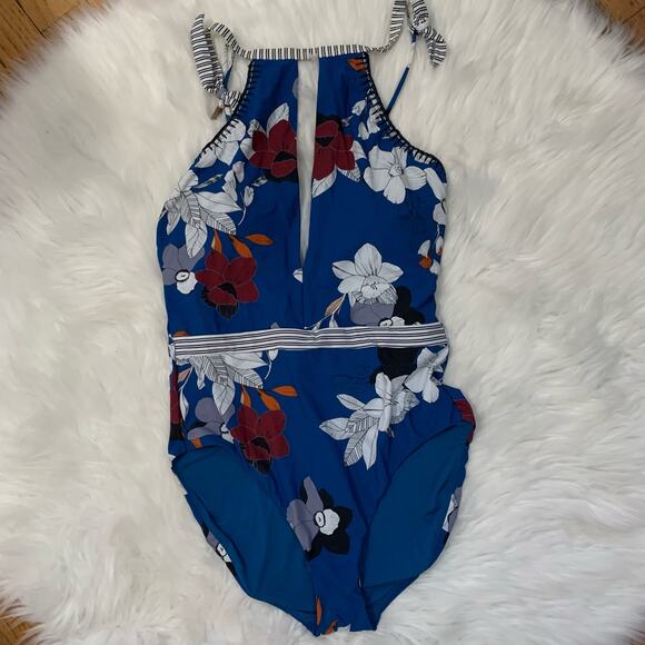 NWT Red Carter Blue Floral 'Vision' Halter Plunge One Piece Swimsuit - Picture 3 of 8